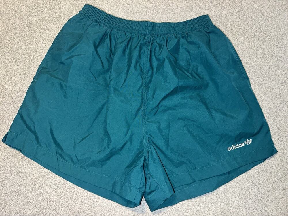 Adidas Swim Trunks Mens L Teal Stripe Nylon Shorts Mesh Lined Vtg